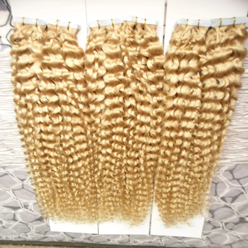 Blonde Tape In Human Hair Extensions 10"-26" 300g 120pcs Double Drawn kinky curly PU Hair Natural Tape Human Hair Skin Weft