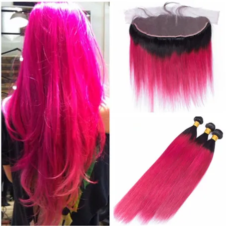 Peruano Ombre Cabelo Humano Rosa Feixes com Fechamento de Renda Frontal 13x4 Dois Tons 1B / Hot Pink Ombre Cabelo Virgem Tece com Frontais Completos