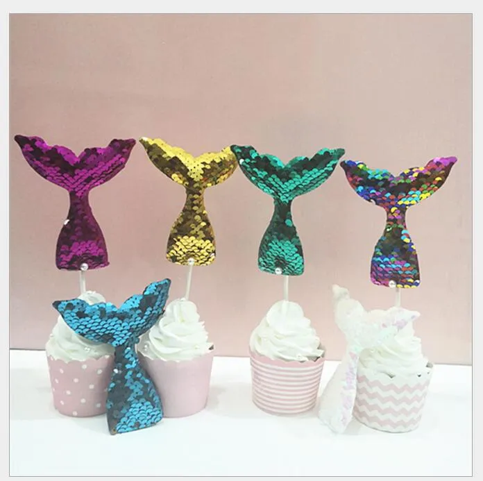 1 ADET Yaratıcı Parti Dekorasyon altında Deniz Düğün Gelin Duş Doğum Günü Pastası Dekor Renkli Sequins Mermaid Kuyruk Cupcake Topper