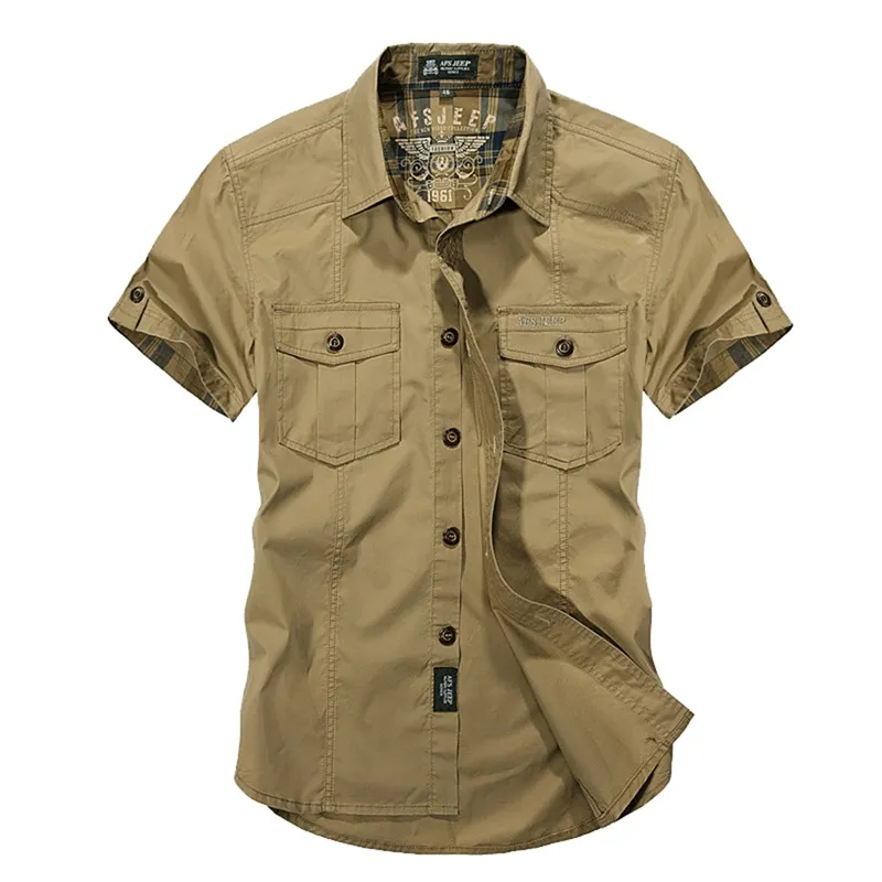 Jeep Solid Color Bawełniane Koszule Koszulki Z Krótkim Rękawem Turn-Down Collar Armia Green Khaki Men Tops Casual Male Camisas Koszula XXXL