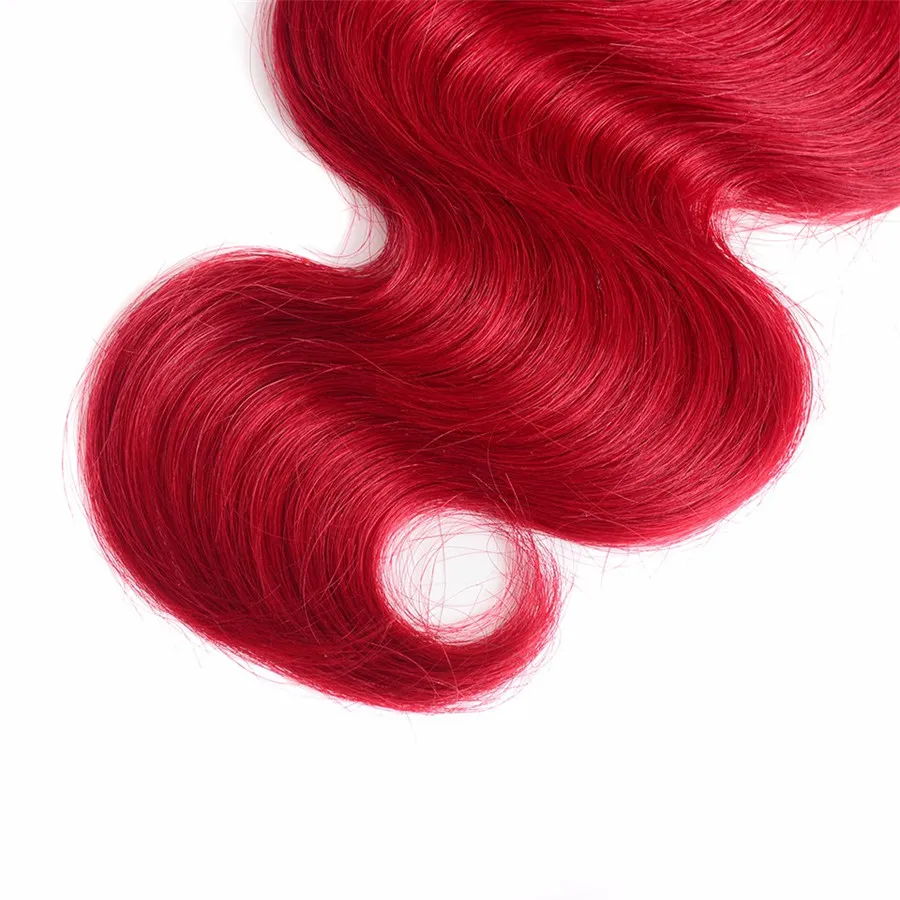 Deux tons de couleur 1b rouge faisceaux de cheveux humains avec fermeture à lacet vague de corps armure de cheveux humains avec fermeture supérieure 4*4 cheveux de bébé