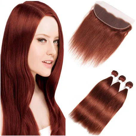 Dark Auburn Virgin Włosy Wyplata Wiązki z koronki Frontal Closure 13x4 Ucho do ucha Malezyjski # 33 Miedzi Czerwone Ludzkie Włosy Rozszerzenia