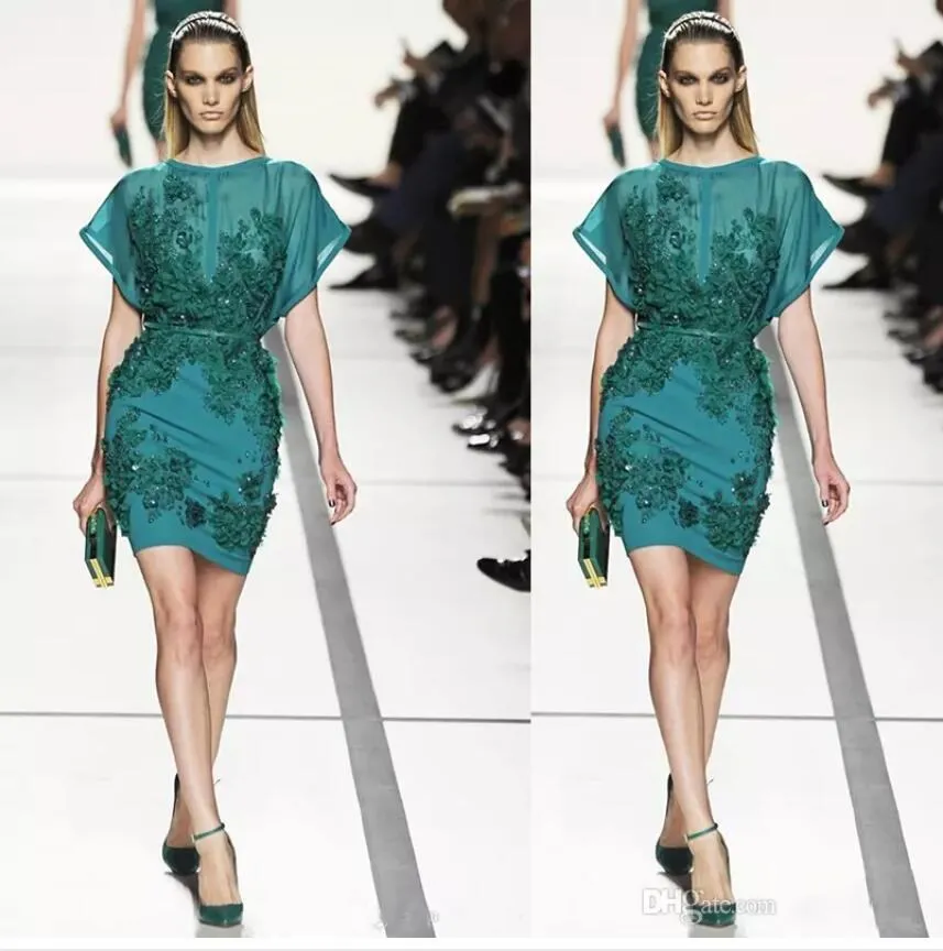2019 Elie Saab Evening Dresses Slida Sheer Neck Pärlor Sequins Green Color Prom-kappor Personlig Kort Billig Party Dress