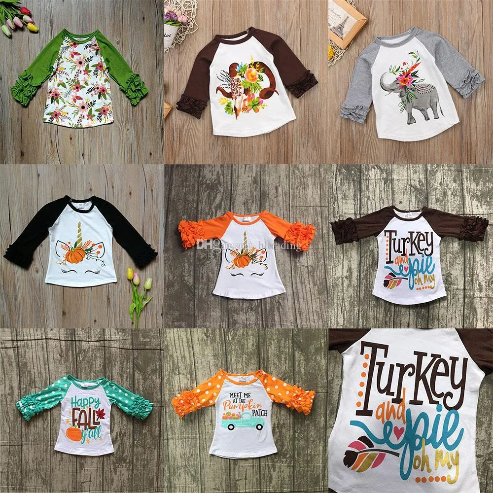 Şükran Bebek kız erkek Çiçek unicorn baskı T-Shirt 2018 sonbahar Fırfır Uzun kollu gömlek Üstleri pamuk çocuk Tees çocuk Giyim C5033