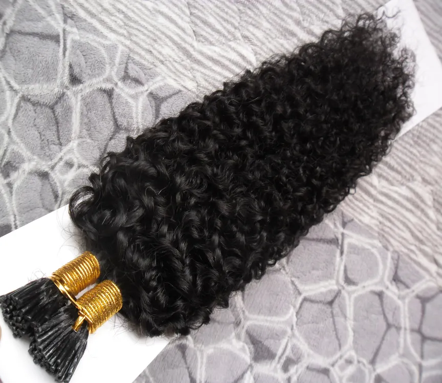 Naturalny kolor Afro Kinky Kręcone włosy 100g Ludzkie Pre Bonded Fusion Hair I Wskazówka Keratyna Dwuosobowy Remy Hair Extension
