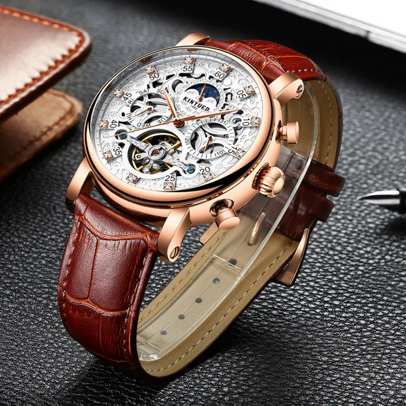 KINYUED Moon Phase Skeleton meccanico orologio da uomo in oro rosa business maschile orologi meccanici calendario perpetuo mannen