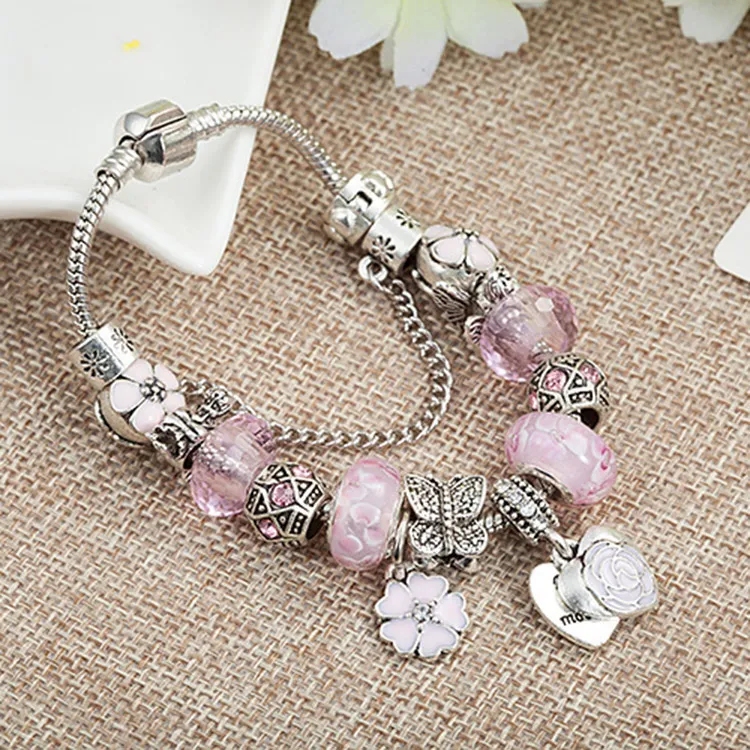 PANDORA SILVER BRACELET PINK FLORAL SKULL GOTHIC HALLOWEEN HEART EUROPEAN  CHARMS