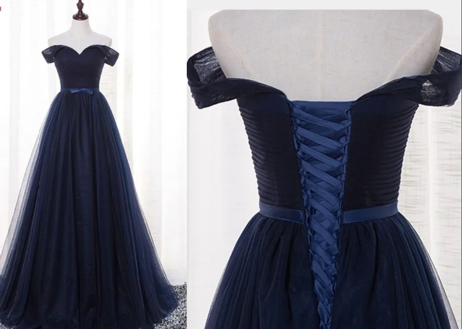 Elegante marineblauw goedkope prom avondjurken lang van de schouder met mouwen tule ruches bogen formele pageant feestjurk Nieuw