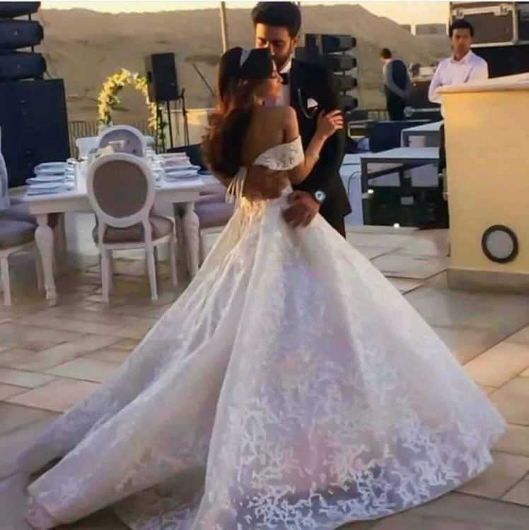 Ashi Studio Country Wedding Dresses Off Shoulder Applique Beaded Sweep Train Saudi Arabia Bridal Dress Backless Plus Size Wedding Gowns