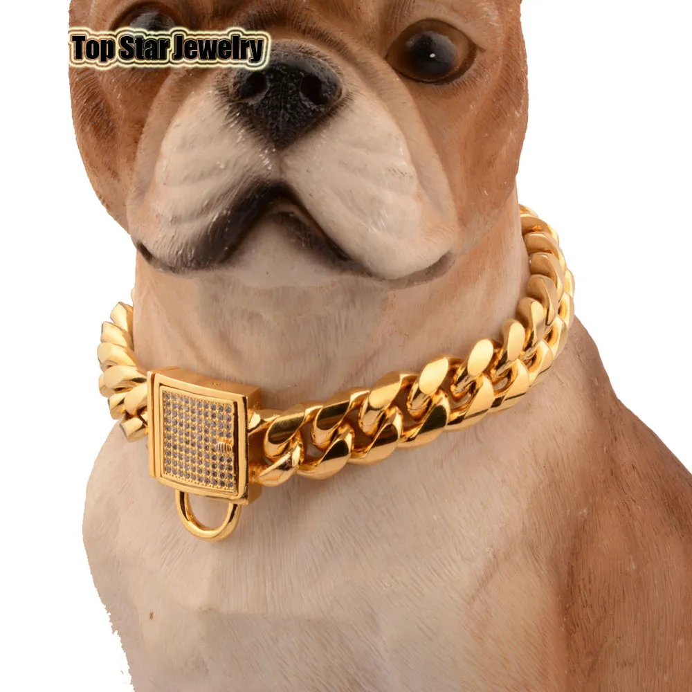 Pet Dog Accessory Stainless Steel Miami Cuban Link Chain Puppies Big Dogs Collar Chains Animal Huntaway Neck Chains Spring Lock With CZ 14mm