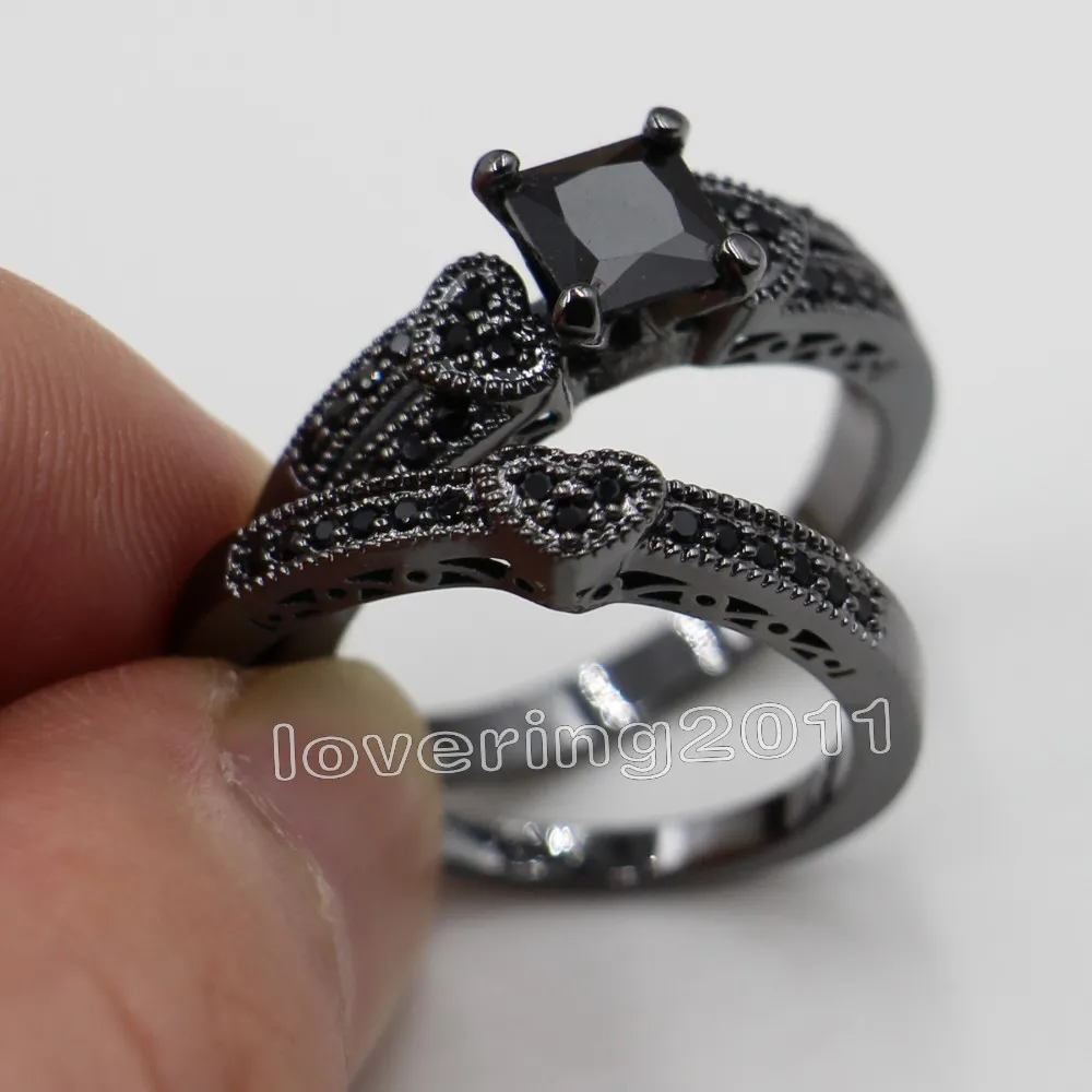 Choucong Princesa corte piedra negra 5A piedra de circón 10KT oro negro lleno de compromiso nupcial anillo de boda conjunto Sz 5-11 regalo