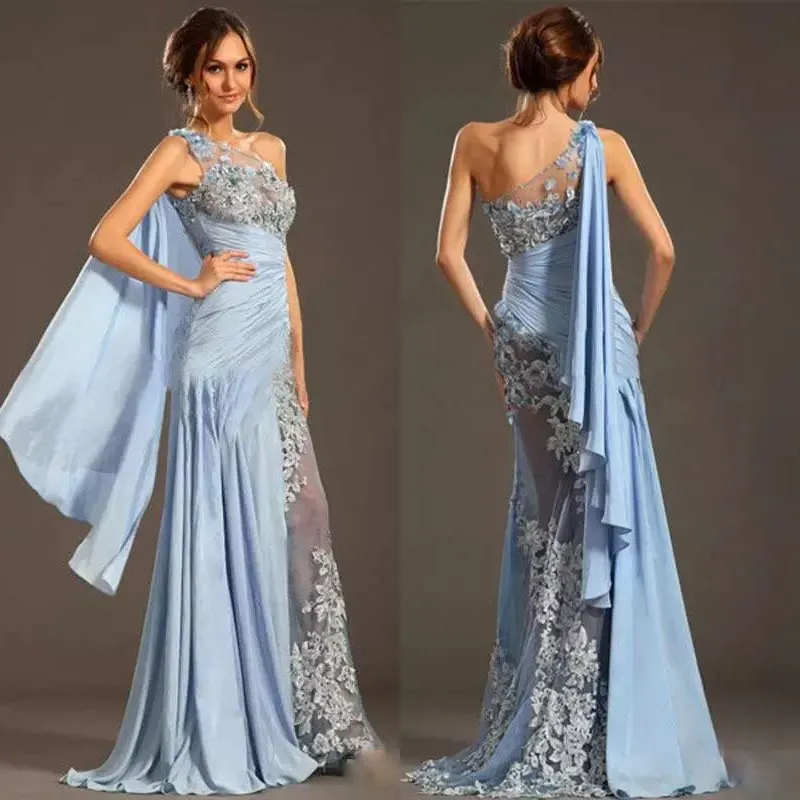 Saudi Arabia Chiffon Evening Dress Sheer One Shoulder Lace Appliqued Tulle Prom Dresses Sexy See Through Trumpet Sleeveless Evening Gowns