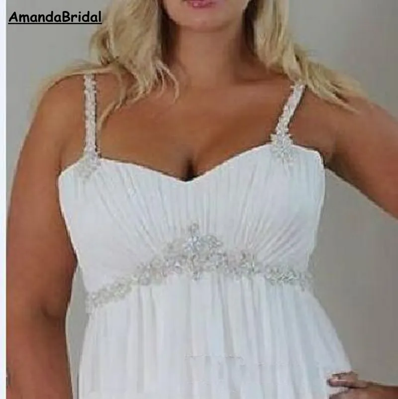 Amandabridal Plus Size Casual Beach Wedding Dresses 2021 Spaghetti Straps Beaded Chiffon Floor Length Empire Waist Elegant Bridal 2989745