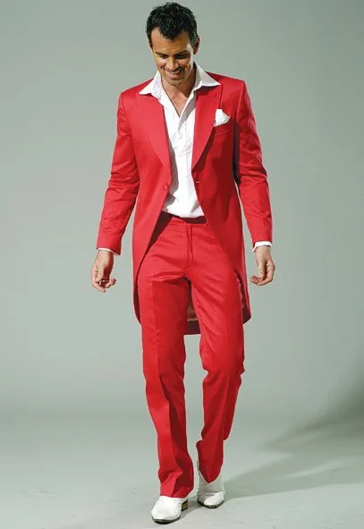 Morgon stil röd tailcoat män bröllop tuxedos mode brudgum tuxedos högkvalitativa män formella middag prom kostym (jacka + byxor + slips + girdle) 196