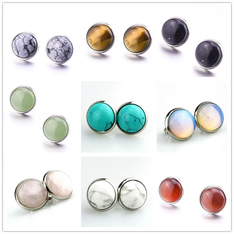 8 mm 10 mm 12 mm Natursten Druzy Stud örhängen Opal Turkos örhängen i rostfritt stål för kvinnor smycken