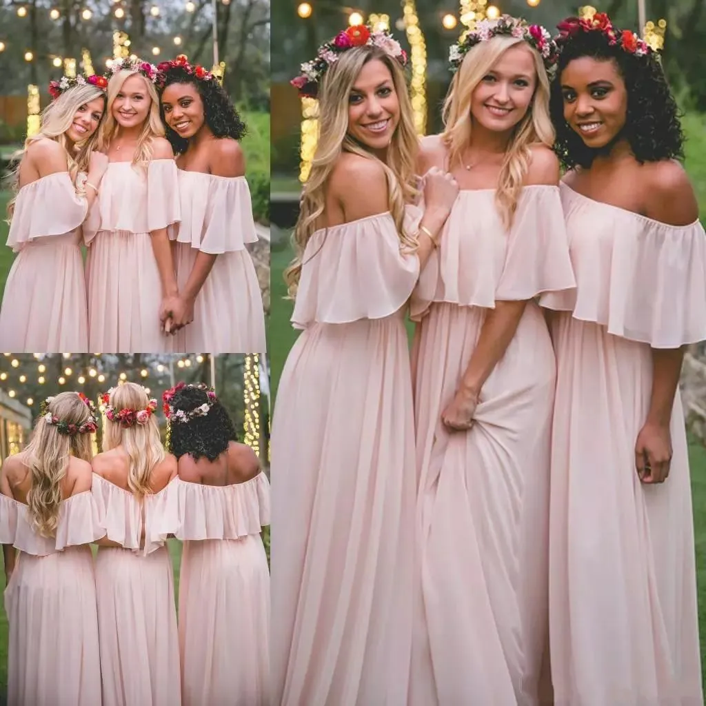 Vintage Blush Country Bridesmaid Dresses 2022 Modest Off the shoulder Chiffon Beach Bohemian Junior Maid of Honor Wedding Guest Gowns