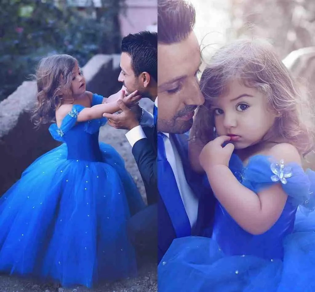 Prenses Kraliyet Mavi Kız Elbiseler Toddler Aplike Kapalı Omuz Katmanlı Tül Piller Pageant Elbise Küçük Çocuklar İçin