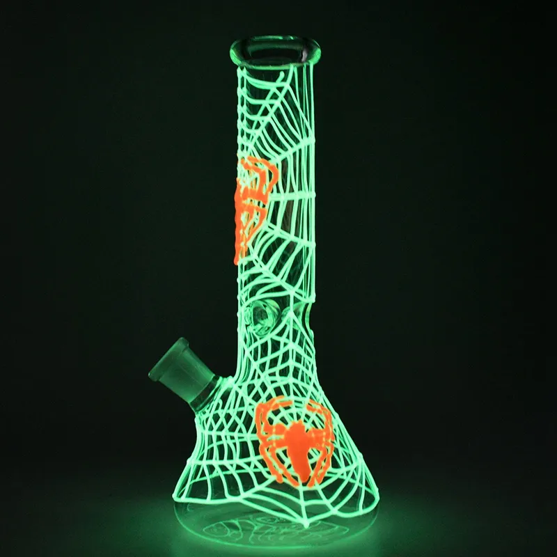 DHL Mooie Spider Web Bongs Hookahs Glow in The Dark Glass Bong Staight Tube DAB RIGHT Water Pipe Beker Bangs GID02