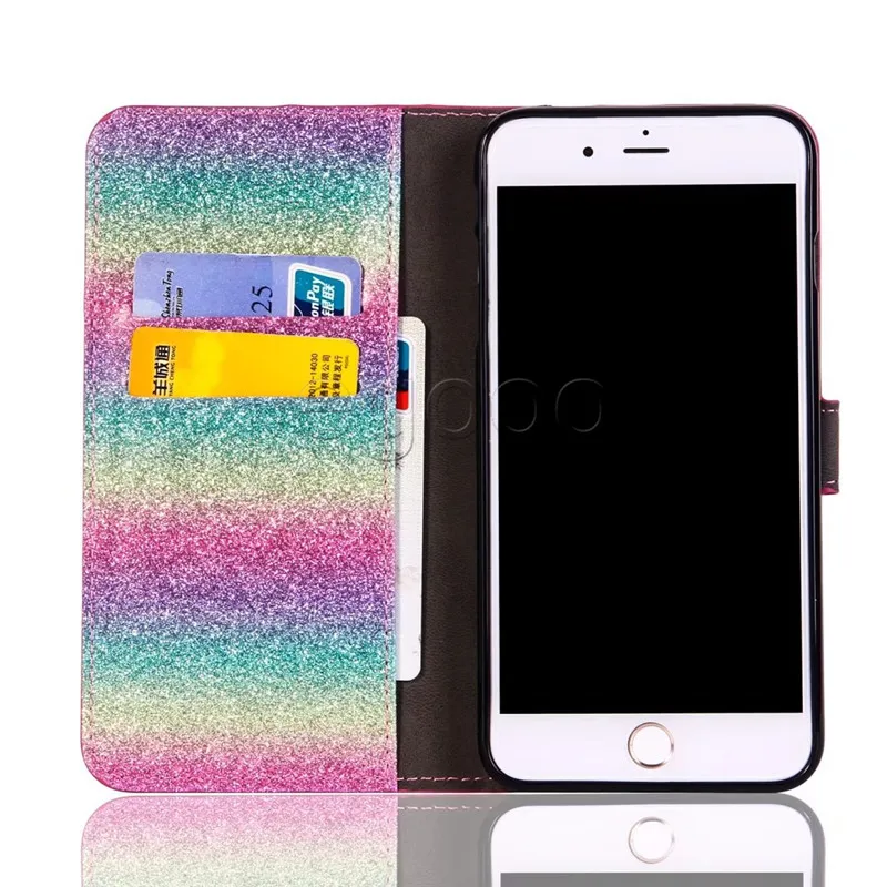 Glitter Bling Leather Fodral Kreditkortshållare Ställfall för iPhone X XS Max XR 8 7 6 6s plus 5 sumsung Note8 S8 Plus S7 S6