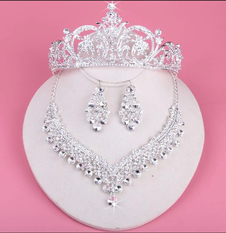 Bridal Crowns For Brides Sparkling Necklace Set Wedding Diamante Pageant Tiaras Hairband Crystal Prom Pageant Hair Jewelry Headpiece Silver