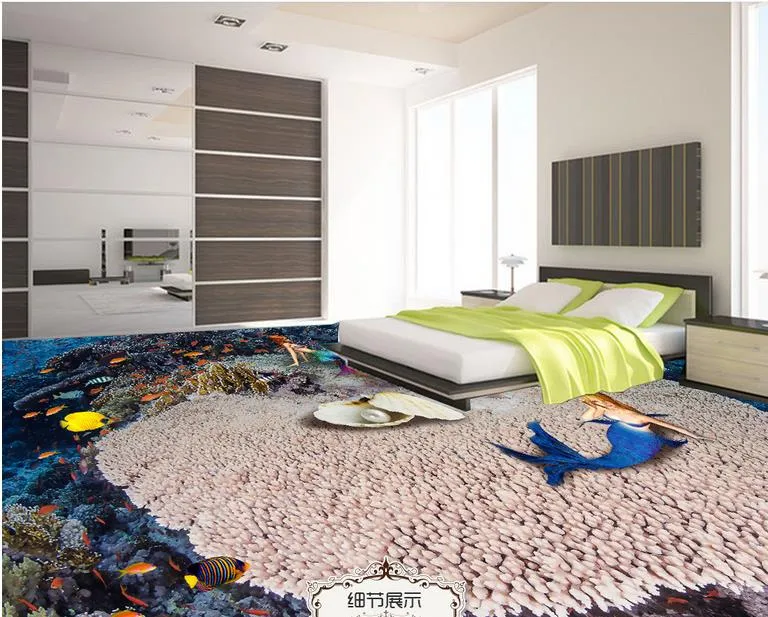 Suelo 3d para sala de estar y dormitorio Papel pintado de suelo de sirena del mundo submarino para habitación de niños