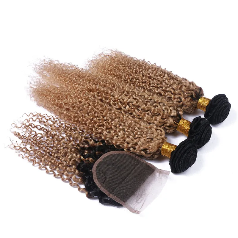 Kinky Curly 1B / 27 Honey Blonde Ombre Human Hair 3 Wiązki Z 4x4 Koronki Zamknięcie Light Brown Ombre Malezyjski Dziewiczy Human Hair Weaves