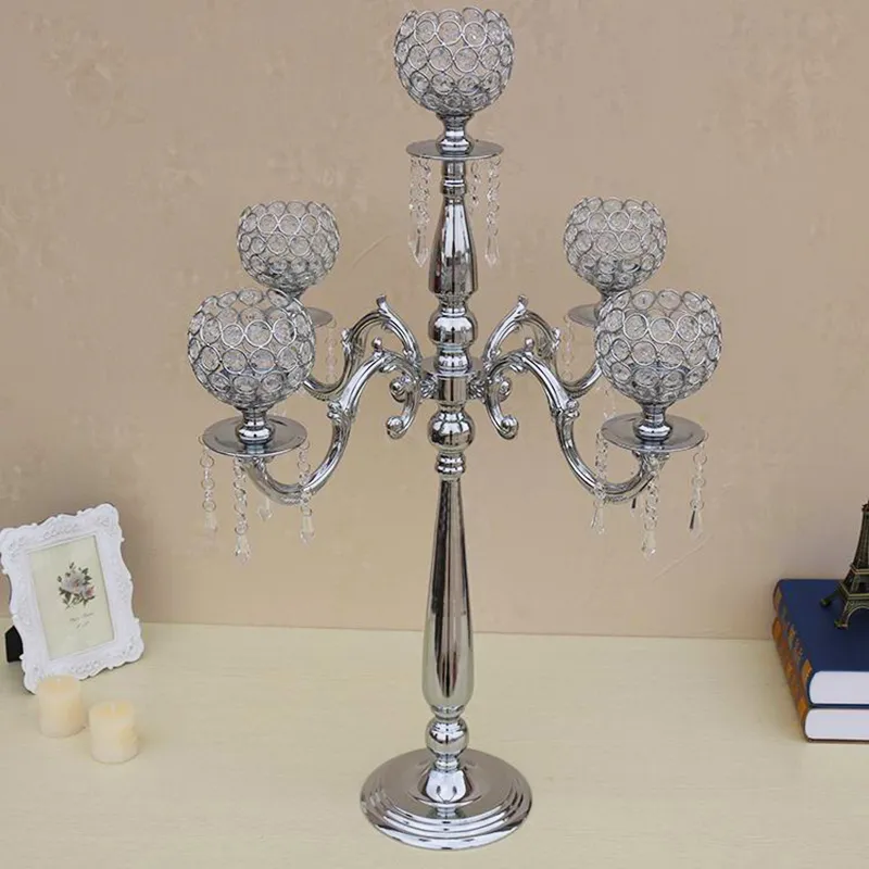75cm Tall Metal Gold Silver Candle Holders 5-Arms Candelabra Crystals Stand Pillar Candlestick For Wedding Table Centerpieces Decoration