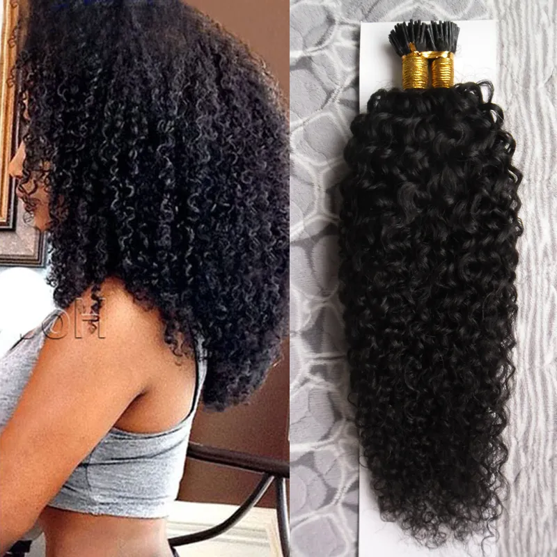 Natural Color afro kinky curly hair 100g Human Pre Bonded Fusion Hair I Tip Stick Keratin Double Drawn Remy Hair Extension