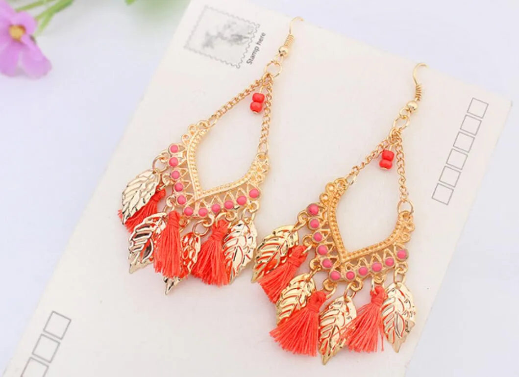 Tassel chandelier earrings jewelry fashion women bohemia colorful feathers gold plated chains tassels alloy long dangle earings DHL