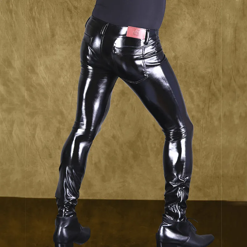 Men's High Elastic PVC Shiny Pencil Pants Faux Leather Fashion Punk Pants  Zipper Front Glossy Pencil Gay Wear