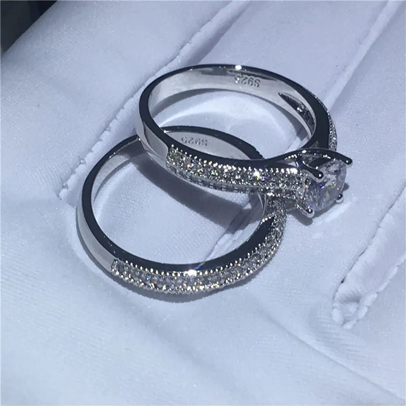 Handgemaakte echte 925 sterling zilveren ring pave instelling 5A cz steen engagement trouwband ring voor vrouwen bruids sets sieraden