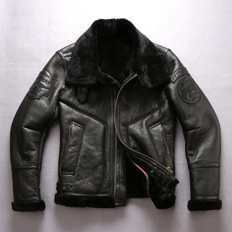 Black Avirex Fly USA B3 Air Force Flight Jackets Motorcykeljacka 2013 Flying Wear Sheepskin äkta läder