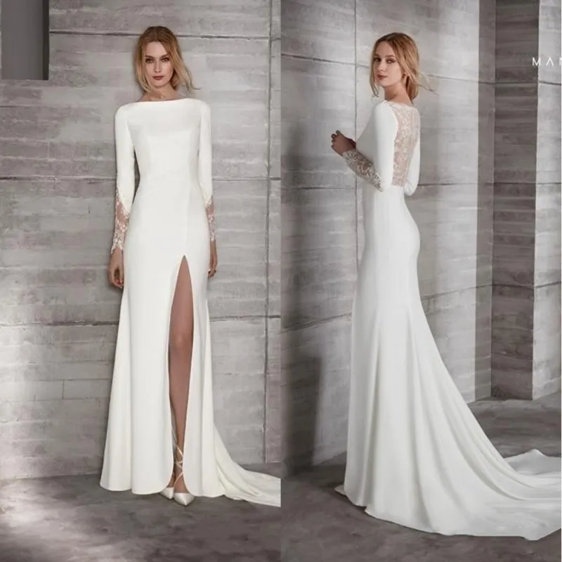 Sexy Cheap 2019 Sheath Lace Wedding Dresses Long Sleeves Side Split ...