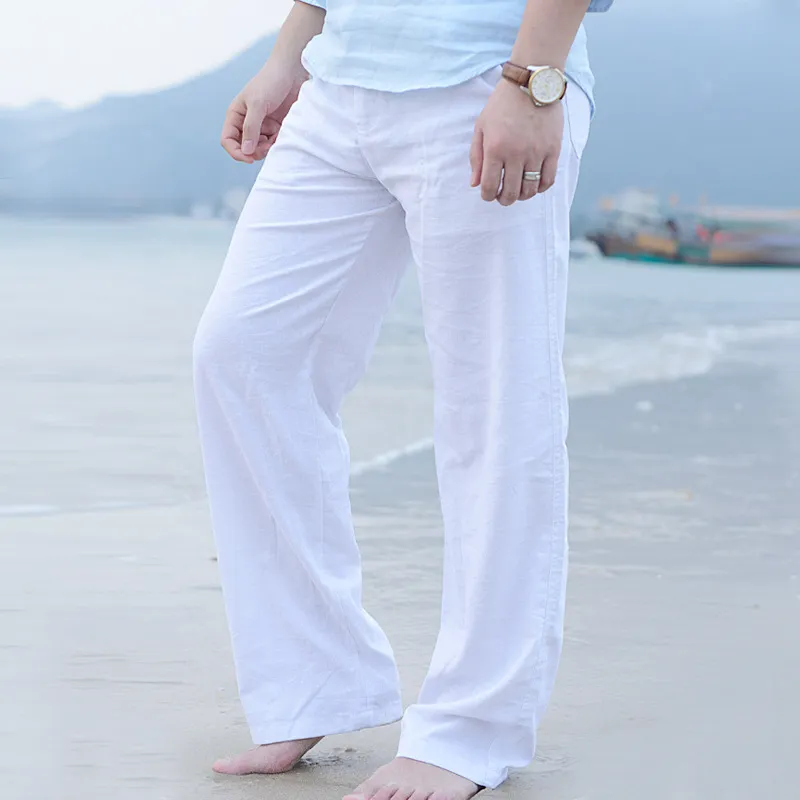 Pantalones casuales de verano para hombres Pantalones de lino de algodón natural Cintura de elástica de lino blanco Pantalones rectos