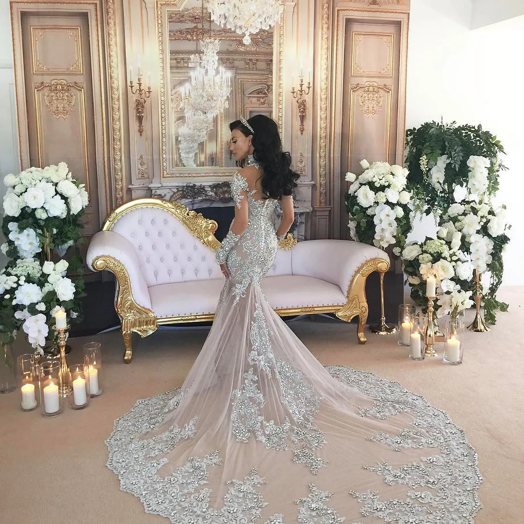 Luxurious Rhinestone Crystal Wedding Dress High Neck Beads Applique Long Sleeves Mermaid Bridal Dress Gorgeous Dubai Wedding Gown Overskirt