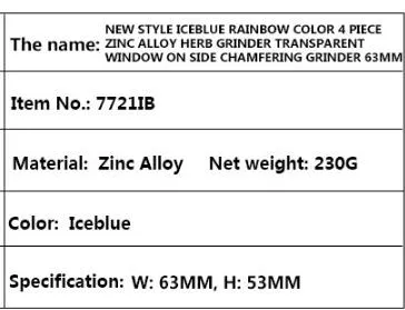 Ny fyra skiktdiameter 63 mm zinklegering sidofönster som skaffar isblå färgkvarn cigarett rivare