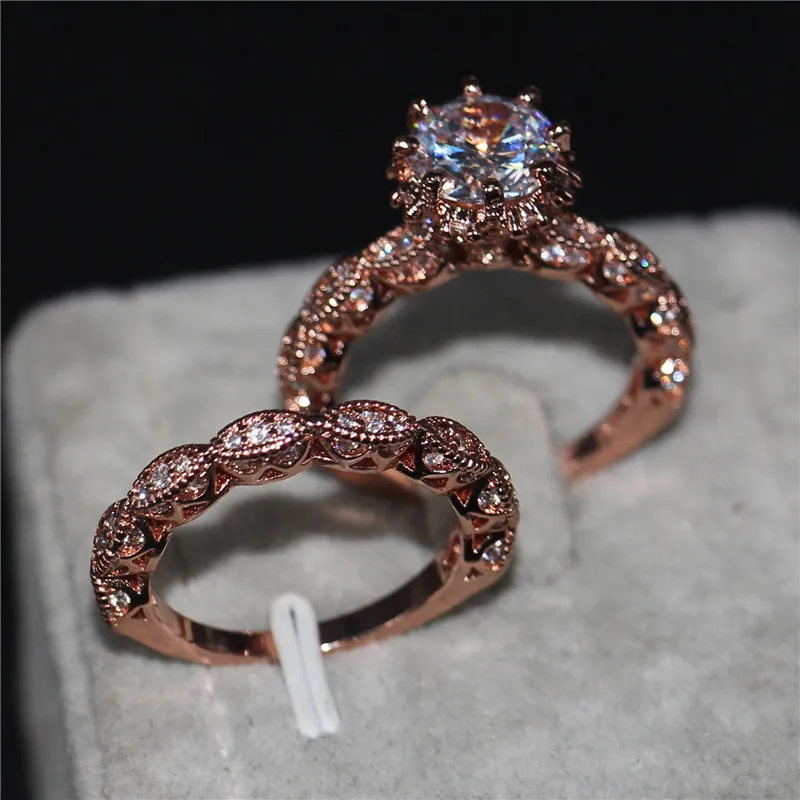 Mulheres do vintage Rodada corte 3ct Diamonique CZ Anéis de ouro Rosa Preenchido 925 anel de Banda De casamento De Prata esterlina conjunto para as mulheres