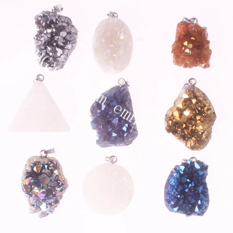 미니 티탄 천사 오라 석영 펜던트 Drusy Point Druzy Geode 펜던트 기하학적 성격 White Drusy Titanium Coated Crystal Cluster 펜던트