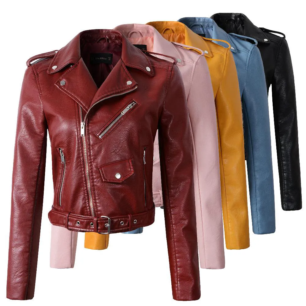 New Fashion Women Autunm Winter Wine Red Leather Bomber Jackets Lady Motorcycle Cool Outer Coat With Belt Hot Sale