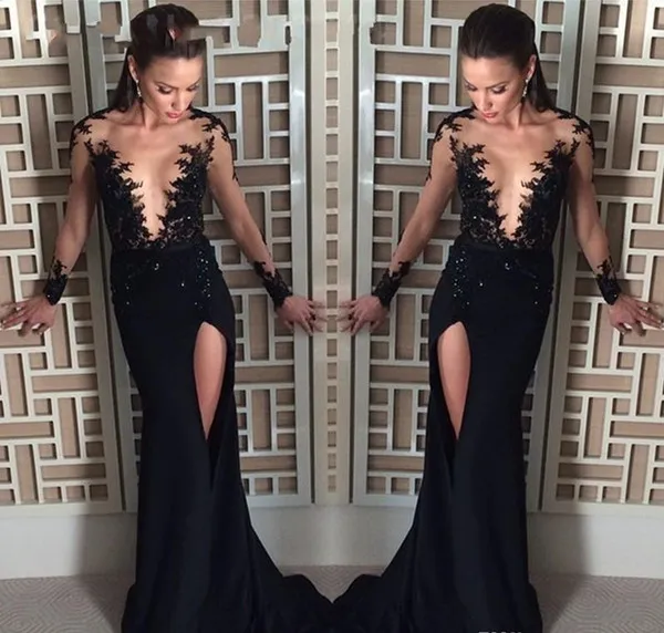 Black Lace Long Prom Dresses High Thigh Split Mermaid Evening Dresses Sexy Sheer Neck Evening Party Gowns V Neck Long Sleeve Party Wear
