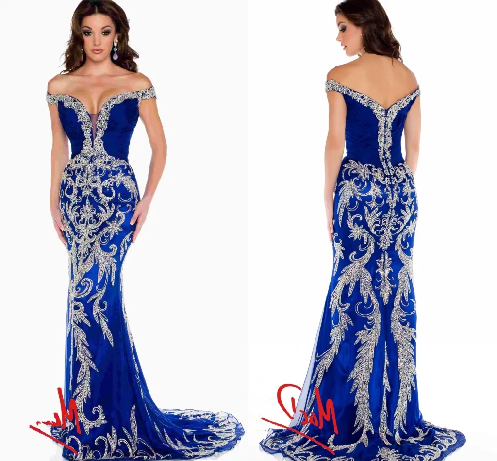 2024 Evening Dresses Luxury Designer Prom Dress Off the Shoulder Crystal Sequined Bling Royal Blue Tulle Mermaid Formella tävlingsklänningar HY1551