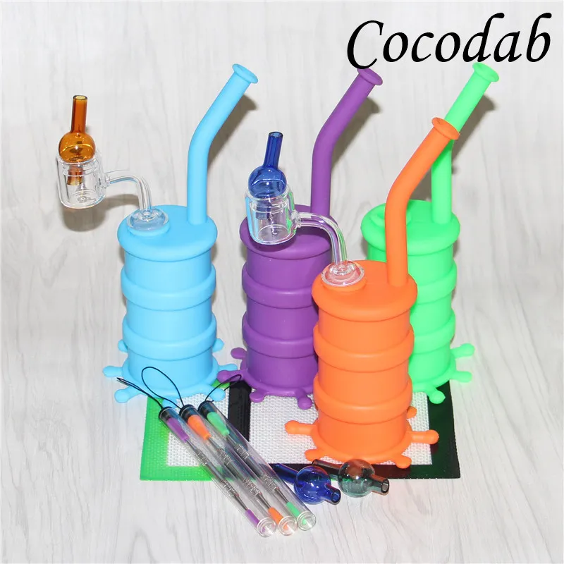 Narguilés Mini Silicon Rig Dab Pipe à eau Huile Drum Rigs Tuyaux d'eau en silicone Bubbler Bong + Tapis en silicone Dabber Outil thermique 4mm Quartz Banger