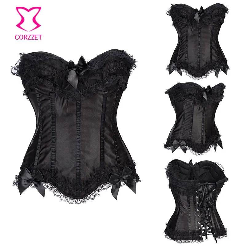 Showgirl Black Satin Victorian Lace Gothic Corset Bustier Top Burlesque