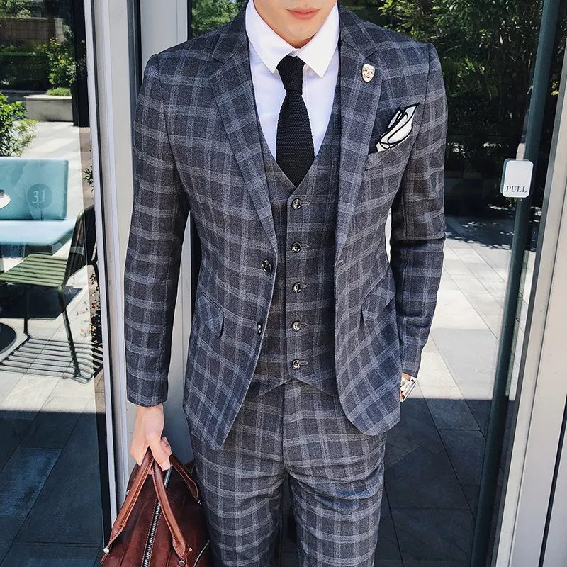 HOBO 2018男性スーツは、新郎の最高の男のスーツの3ピースグリッドビジネスキャリアを授与します。