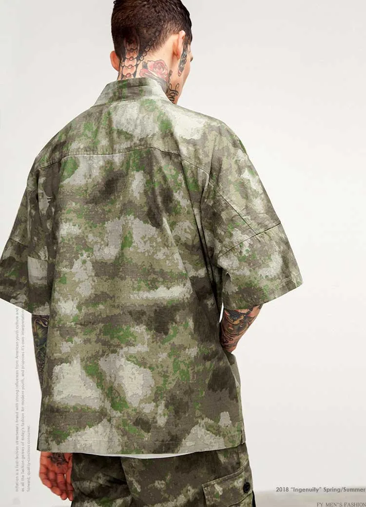 Nuevo diseñador japonés streetwear estilo ropas de mandarín para hombres chaquetas camuflaje ropa para hombre Camou kimono camisa