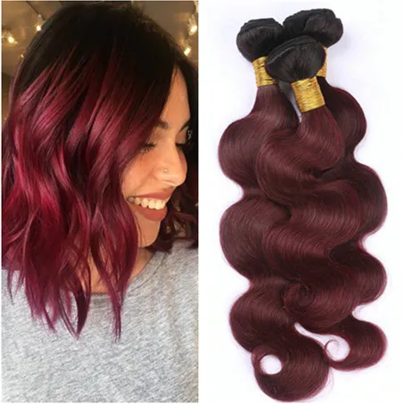 Tramas de cabelo humano ombre vermelho vinho malaio 3 pçs onda corporal ondulado # 1B/99J preto e bordô 2 tons ombre virgem cabelo humano trançado pacotes