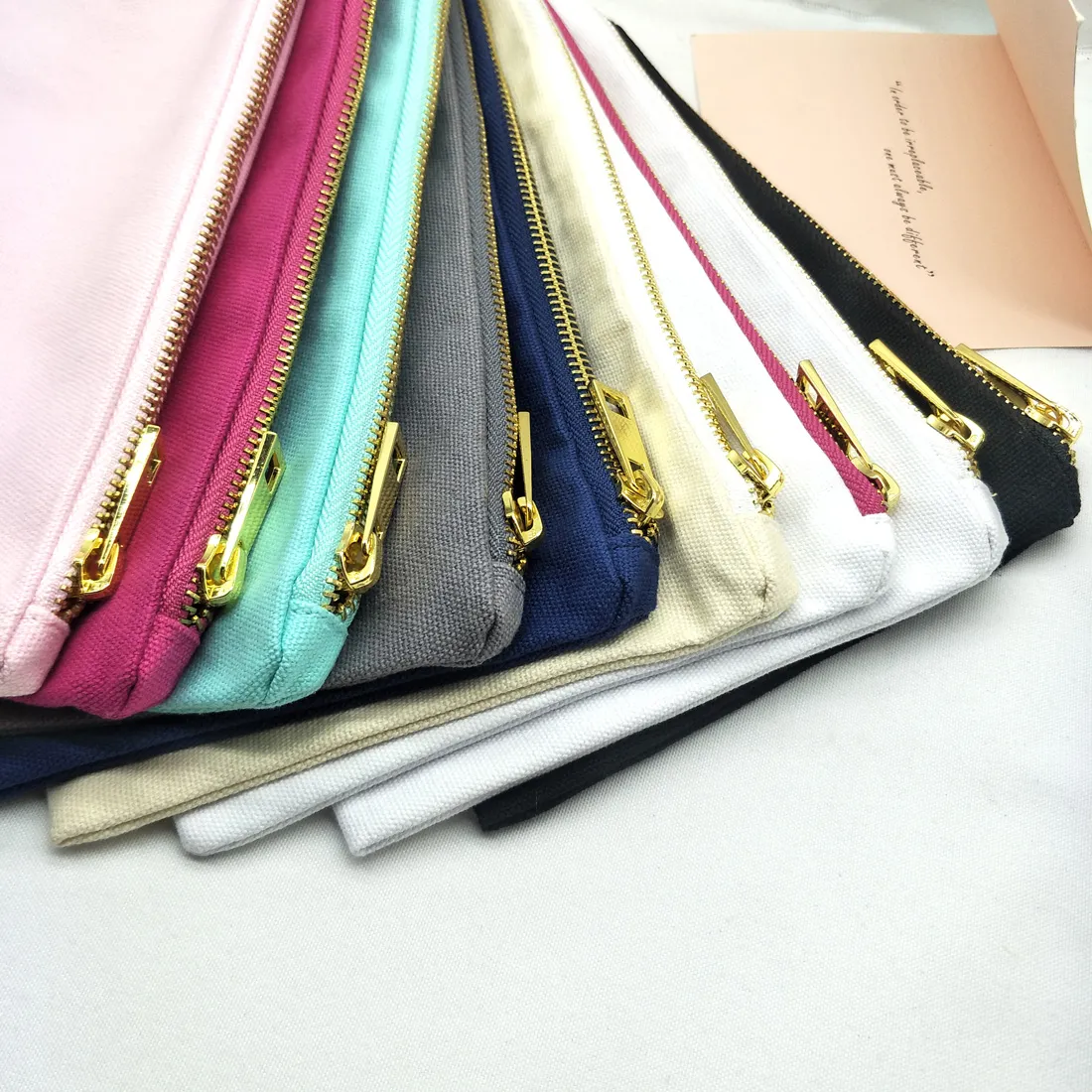 1pc blank cotton canvas makeup bag with gold zip gold lining  black/white/cream/grey/navy/mint/hot pink/light pink toiletry bag in stock