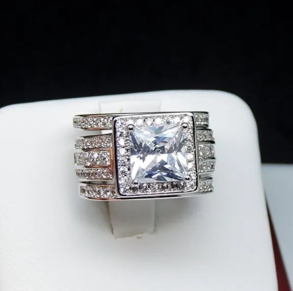 Rozmiar 5-10 Choucong oszałamiający błyszcząca biżuteria 10kt biały złoty wypełniony 8mm księżniczka Cut Topaz CZ Diament Diamond Wedding 3 w 1 Ring