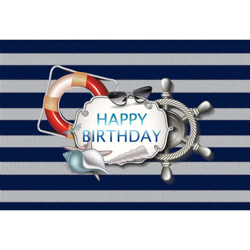 Bleu foncé et blanc rayures Pirate fête toile de fond personnalisé imprimé gouvernail bouée conque bébé garçon enfants anniversaire Photo fond