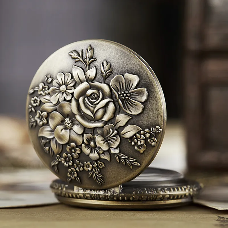 Ancient Pocket Watch Fob Chain Flower Rose Engrave Clock Mens Flip Bronze Case Watch Vintage Male Watches for Men Women Gifts